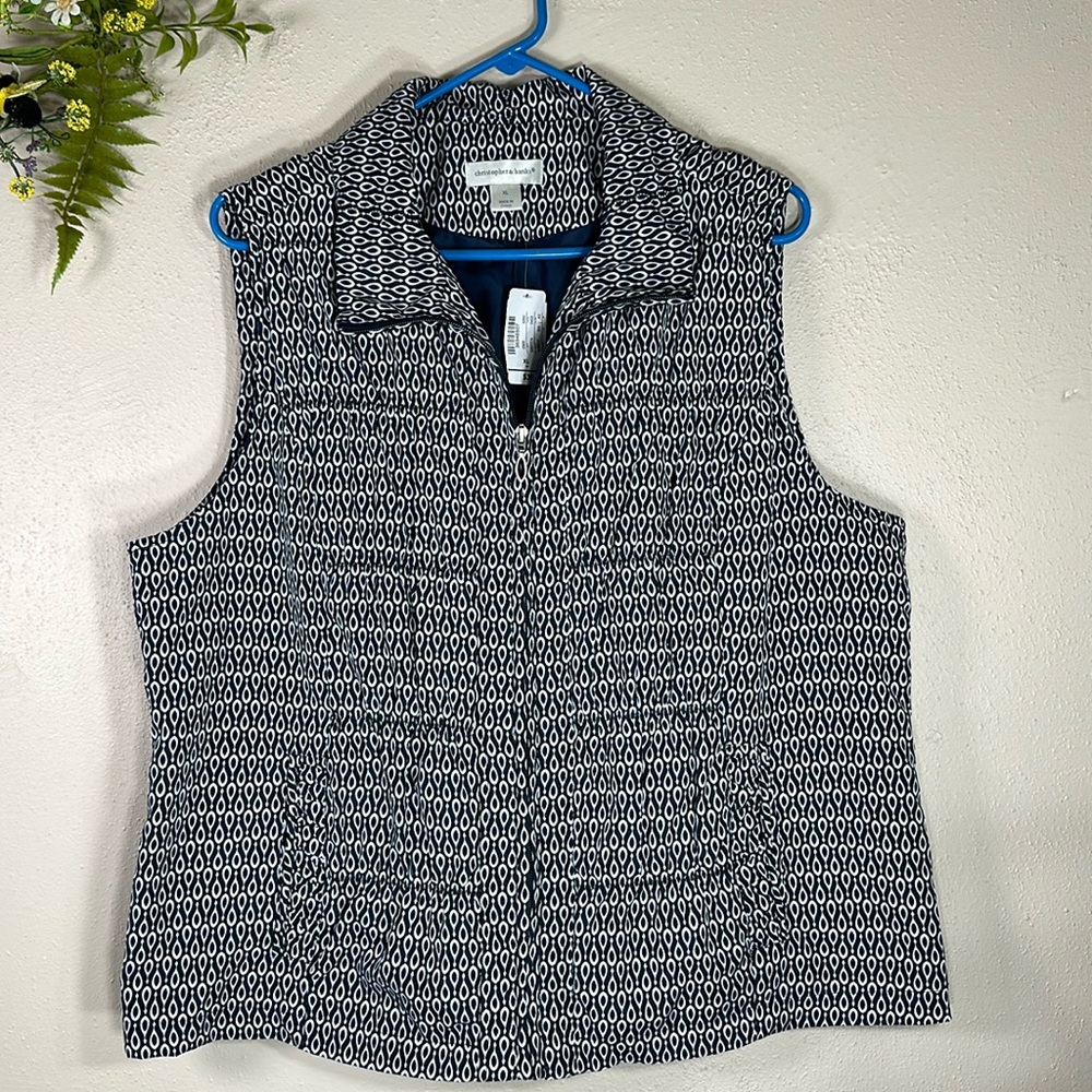 NWT Vest Christopher & Banks blue white zipper water resistant sleeveless XL